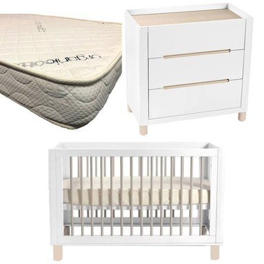 Cocoon Allure Cot and Dresser with Micro Pocket Organic Mattress White / Natural Wash