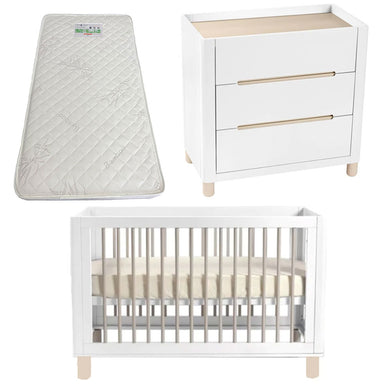 Cocoon Allure Cot and Dresser + Bonnell Bamboo Mattress White / Natural Wash