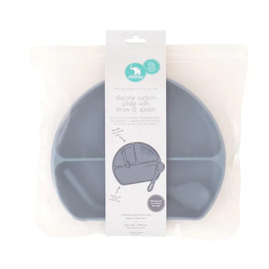 All4Ella Silicone Plate with Straw & Spoon Slate Blue Feeding (Toddler) 9349620003550